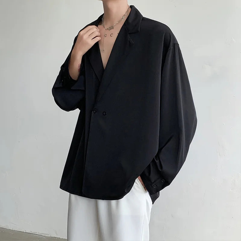 Men’s Oversized Long Sleeve Dress Shirt – Black & White Ice Silk, Korean Style