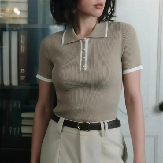 Elegant Short Sleeve Knitted Polo for Women – Slim Fit