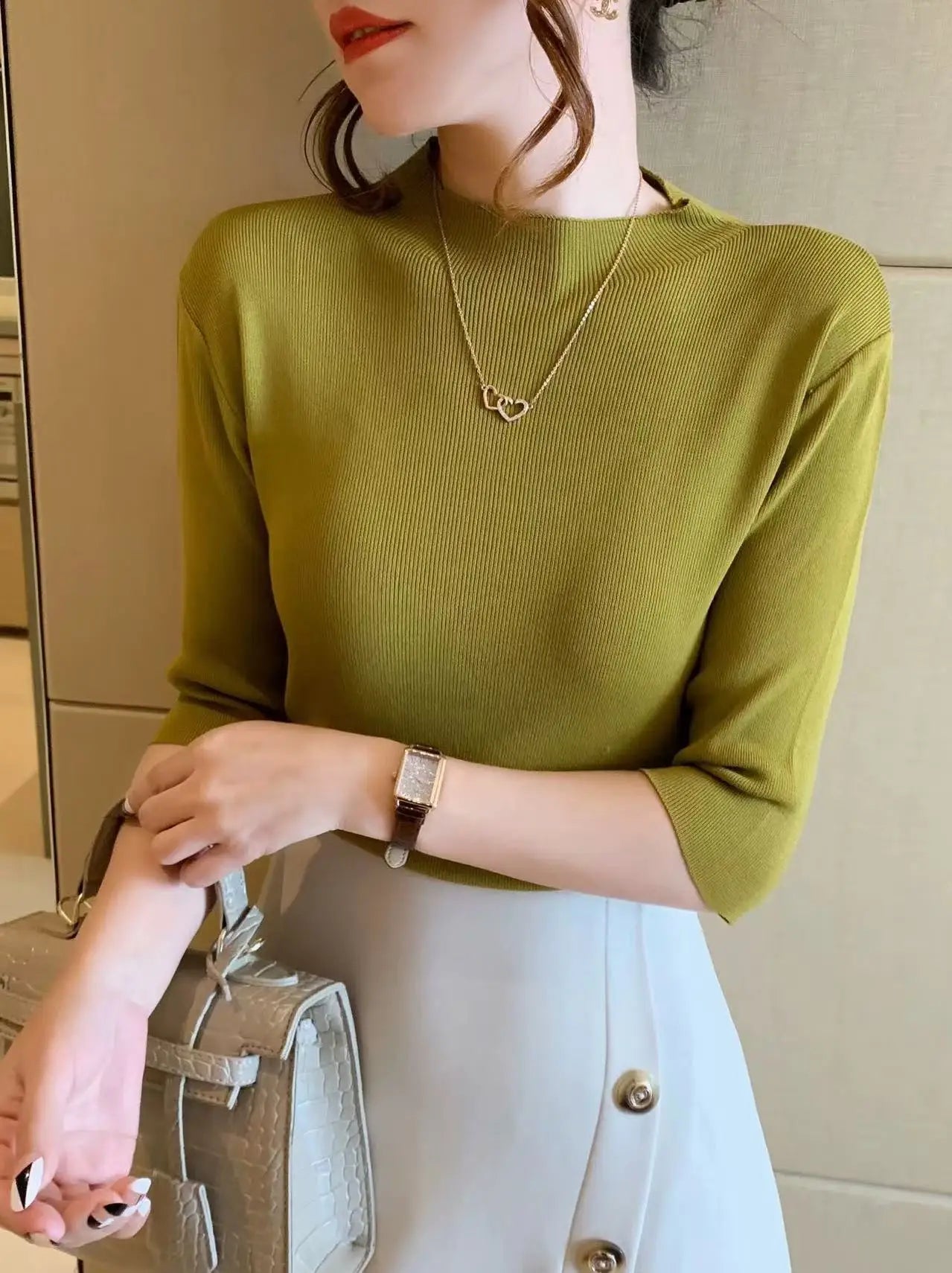 Women’s Slim Fit Office Blouse – Solid Color Long Sleeve Knit Top