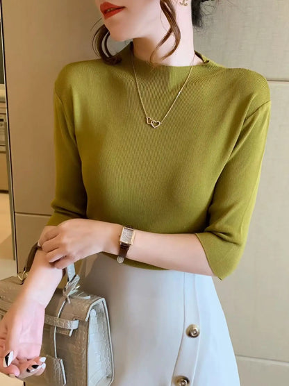 Women’s Slim Fit Office Blouse – Solid Color Long Sleeve Knit Top