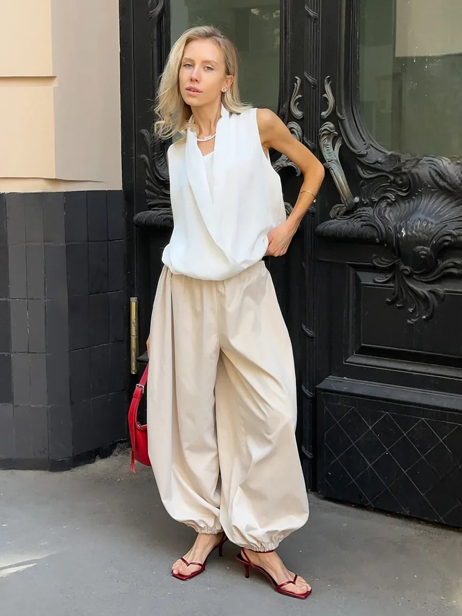 Women’s Lantern Wide-Leg Pants – 100% Cotton, Casual Autumn Street Style