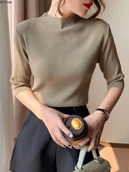 Women’s Slim Fit Office Blouse – Solid Color Long Sleeve Knit Top