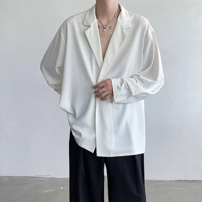 Men’s Oversized Long Sleeve Dress Shirt – Black & White Ice Silk, Korean Style