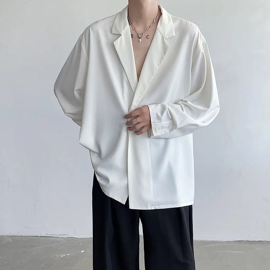 Men’s Oversized Long Sleeve Dress Shirt – Black & White Ice Silk, Korean Style