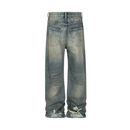 Harajuku Streetwear Mens and Womens Washed Dirty Bagged Blue Jeans Straight Retro Casual Denim Trouser Ropa Hombre Products 240726