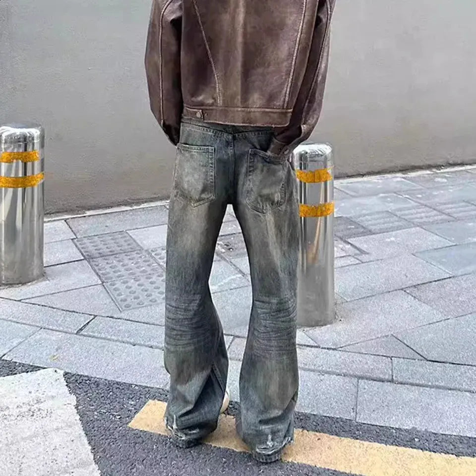 Harajuku Streetwear Mens and Womens Washed Dirty Bagged Blue Jeans Straight Retro Casual Denim Trouser Ropa Hombre Products 240726